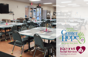 An empty dining hall ready for visitors at the Center of Hope in Ravenna.